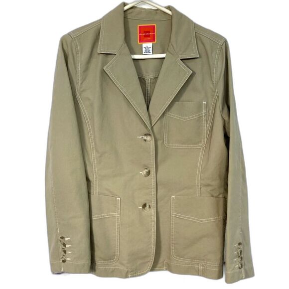 Isaac Mizrahi For Target Jacket SZ L 100% Cotton Pockets Tan Top Stitching - Picture 1 of 12